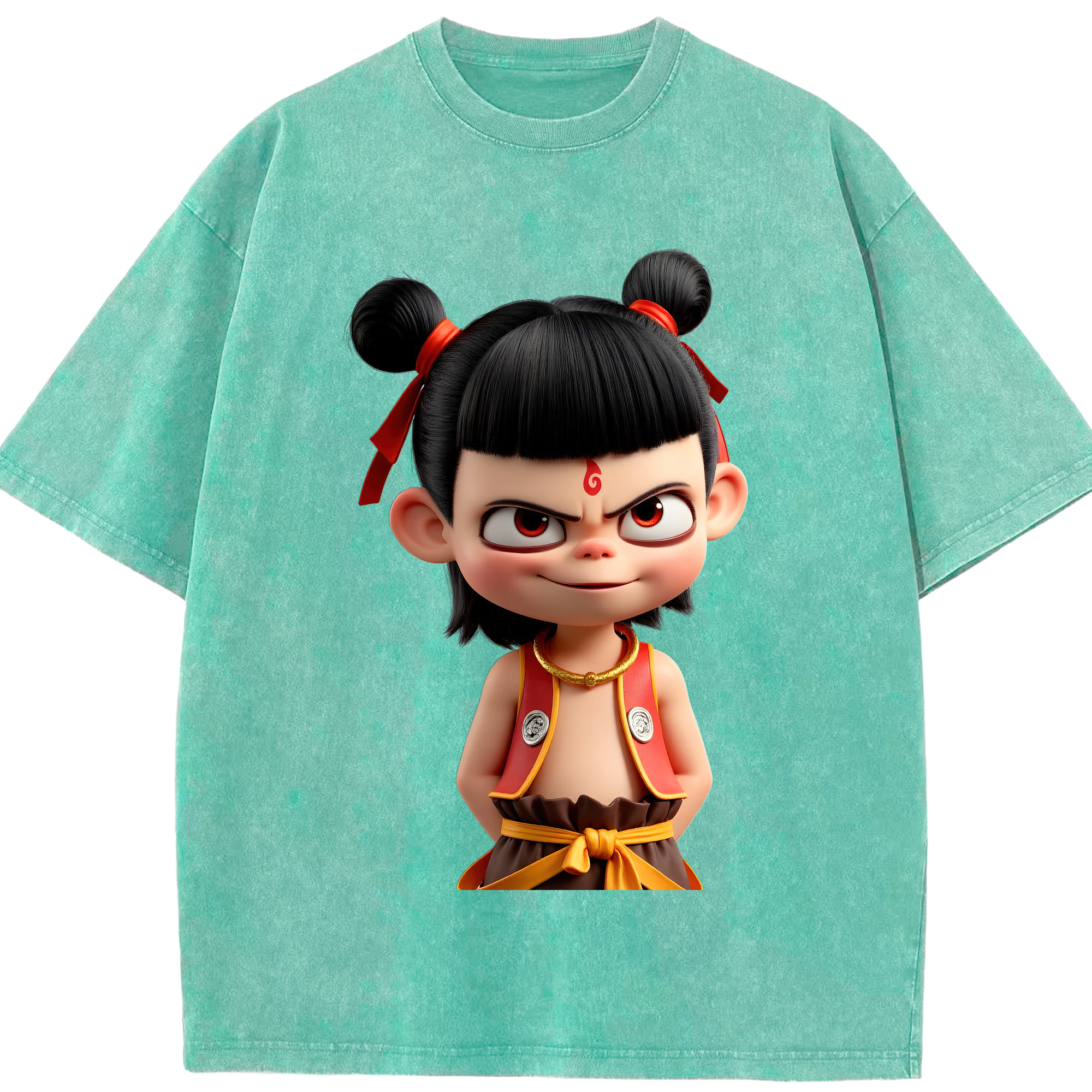 （画像用） Ne Zha 2 ナタ 魔童の大暴れ 綿100% ヴィンテージ風 半袖Tシャツ（フロントプリント）